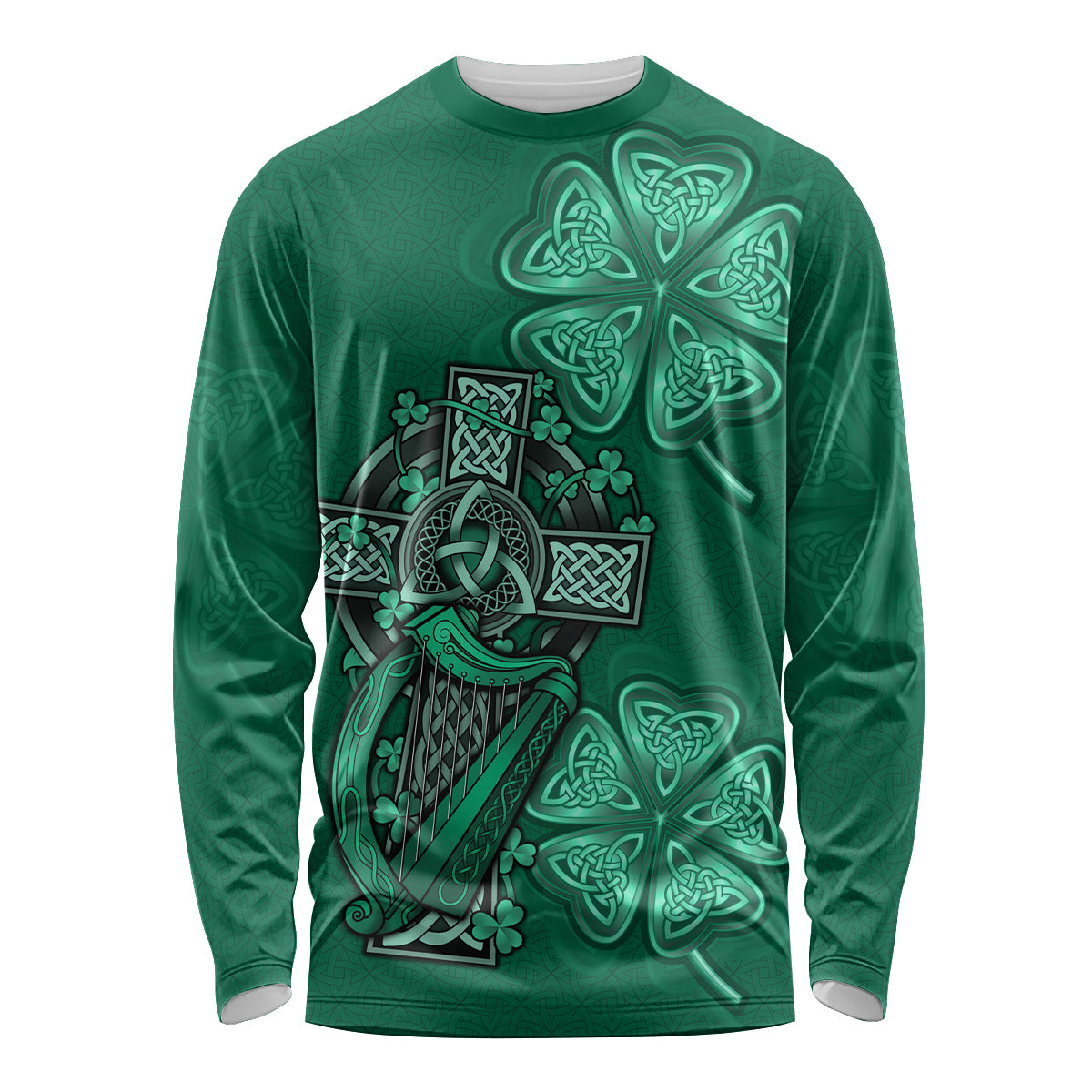 Irish Celtic Cross and Harp with Ireland Shamrock Personalized Long Sleeve Shirt - Wonder Print Shop