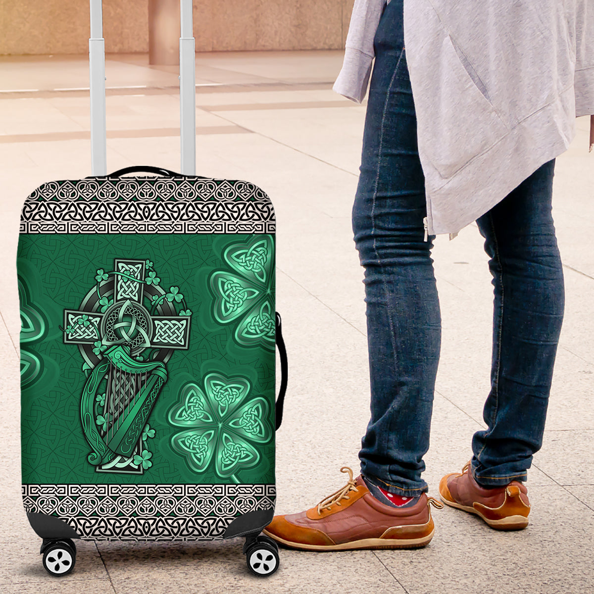 Irish Celtic Cross and Harp with Ireland Shamrock Personalized Luggage Cover - Wonder Print Shop