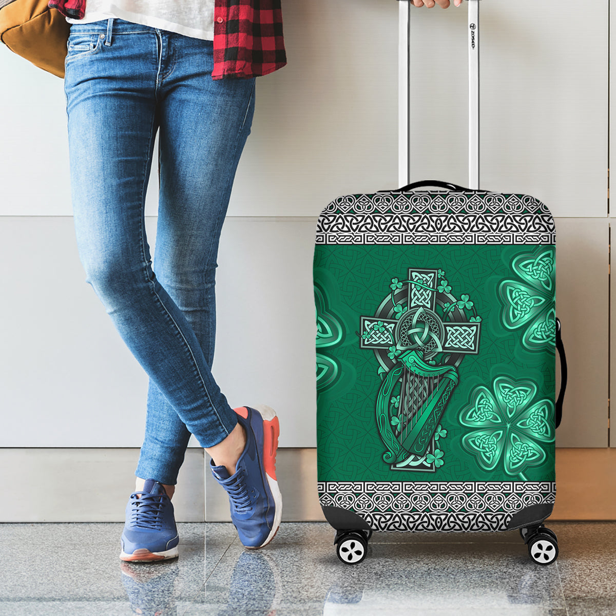Irish Celtic Cross and Harp with Ireland Shamrock Personalized Luggage Cover - Wonder Print Shop