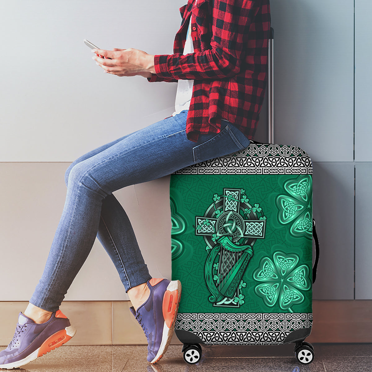Irish Celtic Cross and Harp with Ireland Shamrock Personalized Luggage Cover - Wonder Print Shop