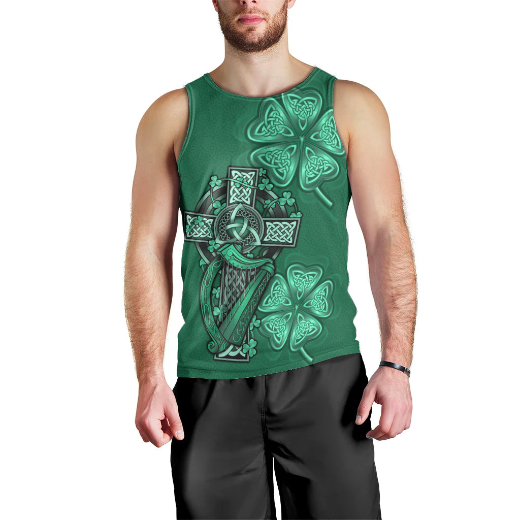 Irish Celtic Cross and Harp with Ireland Shamrock Personalized Men Tank Top - Wonder Print Shop