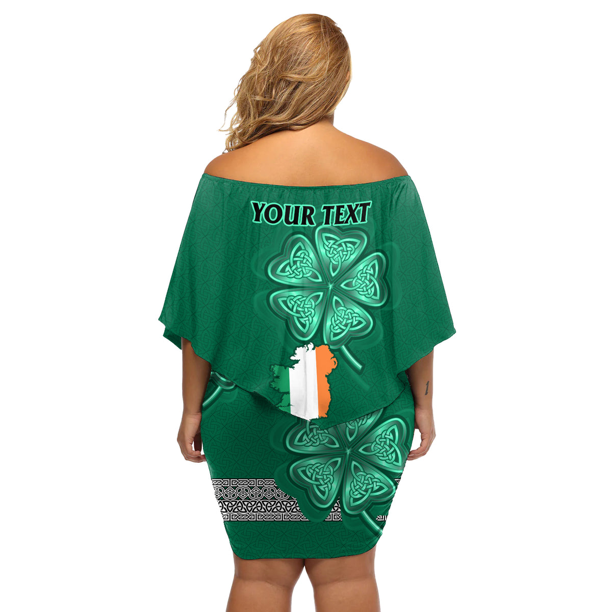 Irish Celtic Cross and Harp with Ireland Shamrock Personalized Off Shoulder Short Dress - Wonder Print Shop