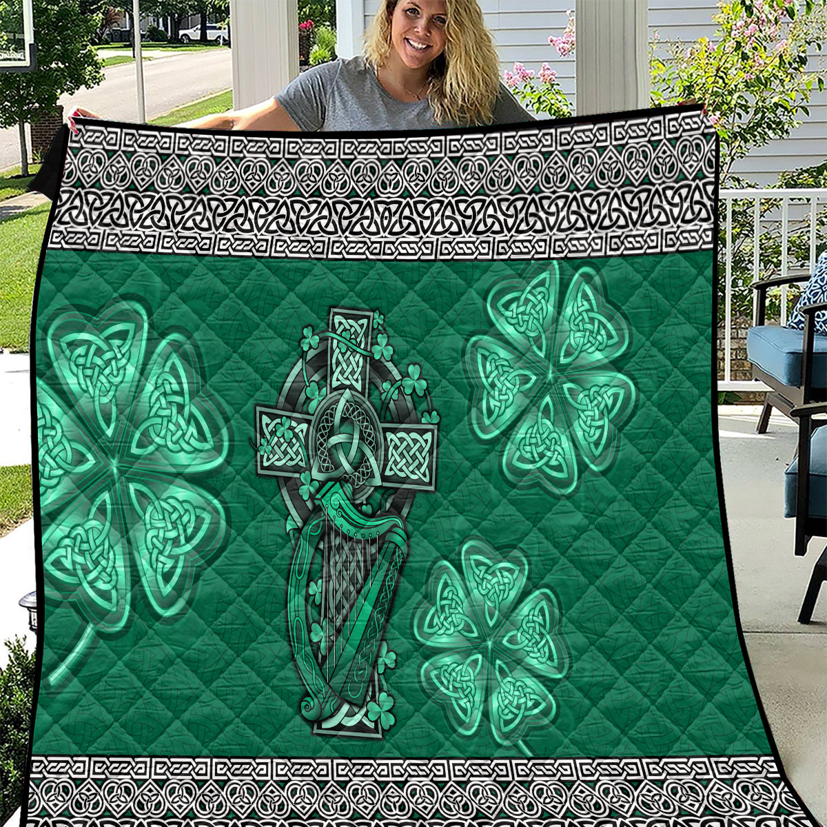 Irish Celtic Cross and Harp with Ireland Shamrock Personalized Quilt - Wonder Print Shop