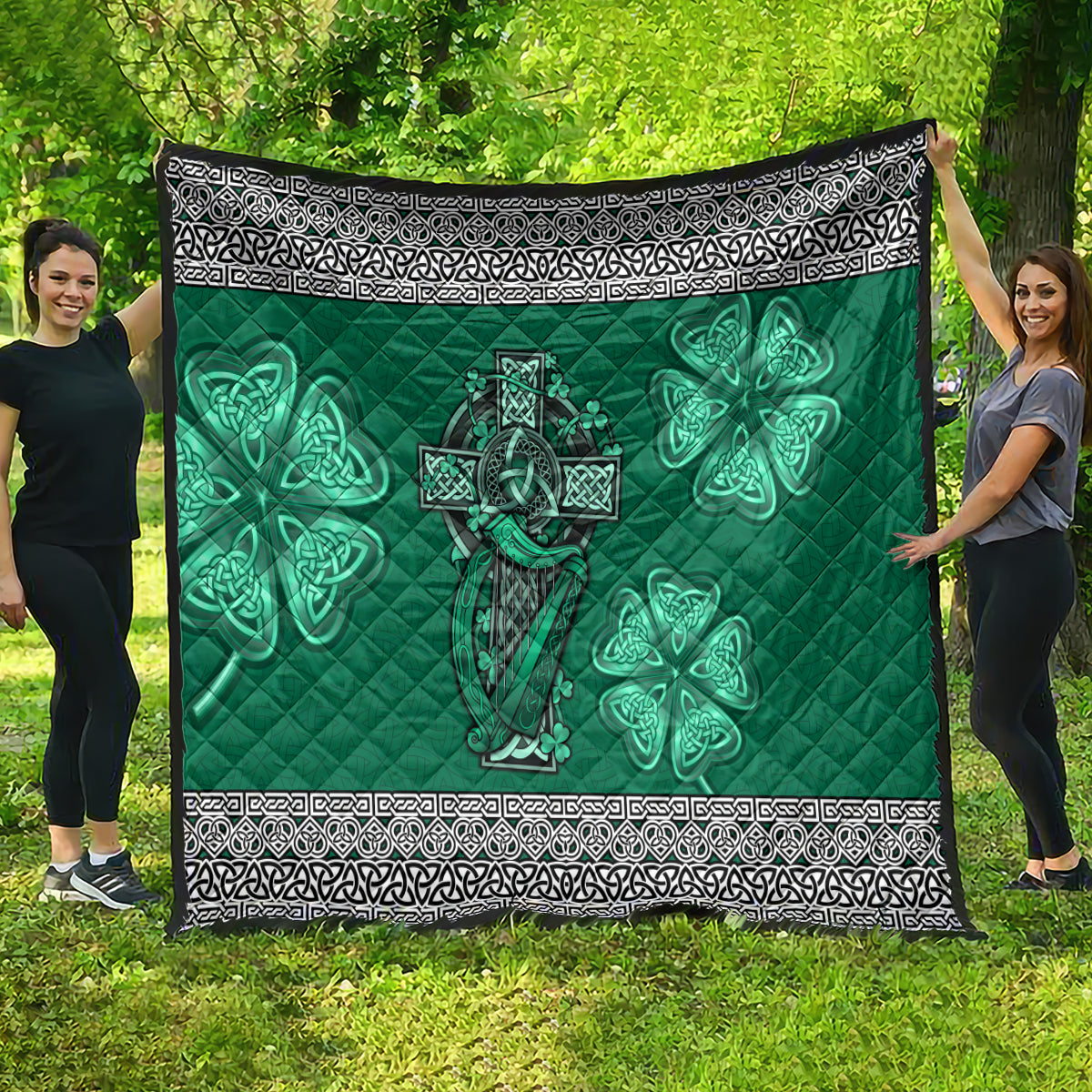 Irish Celtic Cross and Harp with Ireland Shamrock Personalized Quilt - Wonder Print Shop