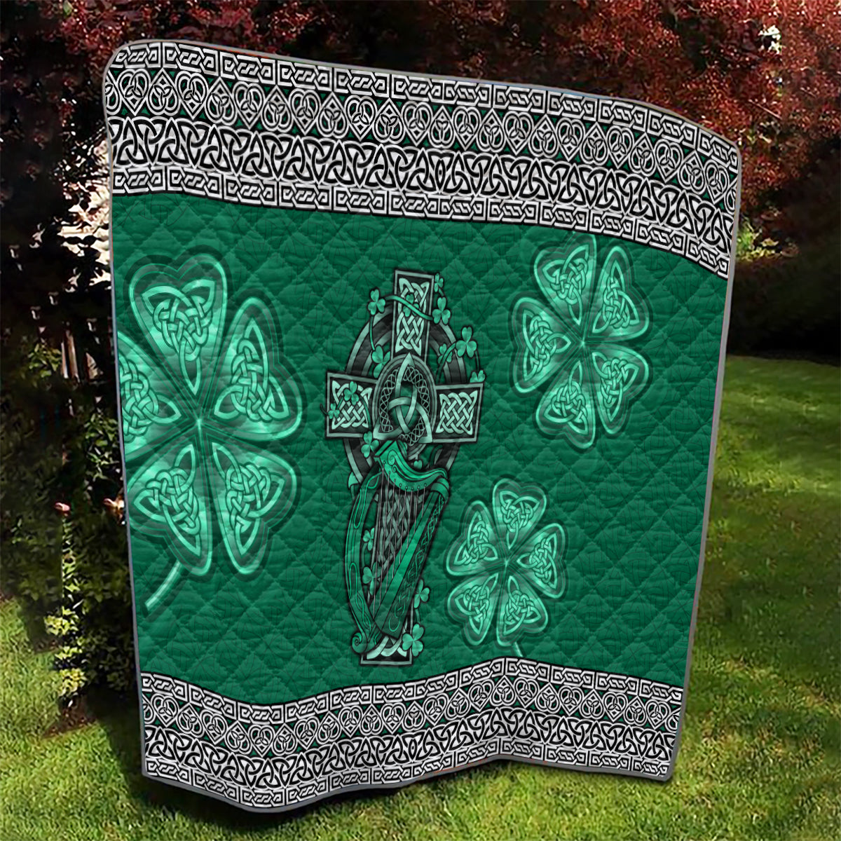 Irish Celtic Cross and Harp with Ireland Shamrock Personalized Quilt - Wonder Print Shop