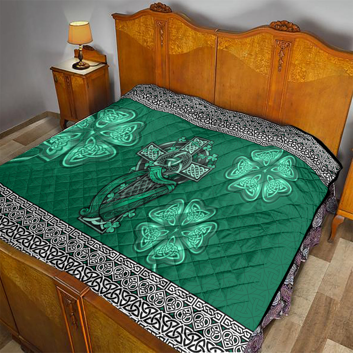 Irish Celtic Cross and Harp with Ireland Shamrock Personalized Quilt - Wonder Print Shop