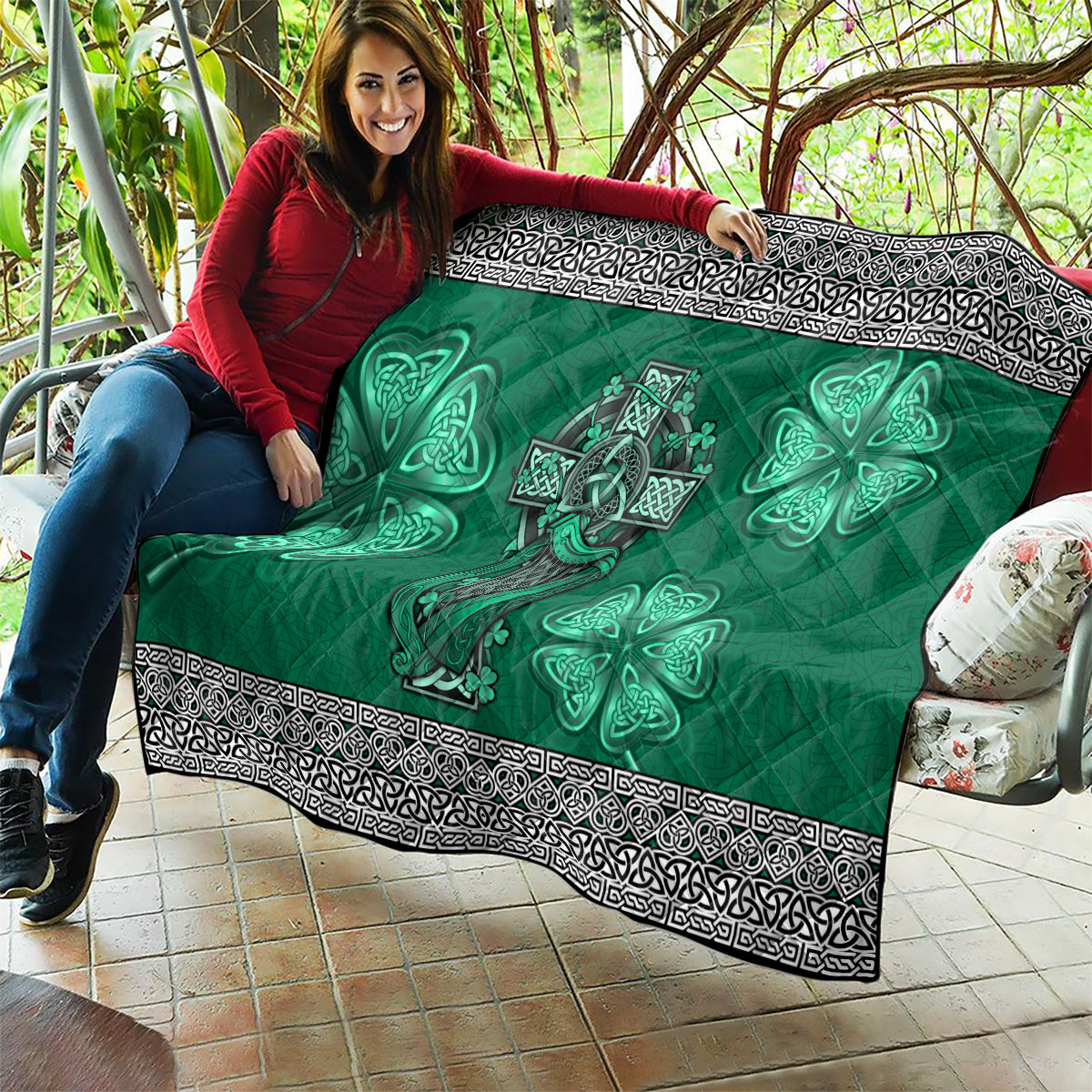 Irish Celtic Cross and Harp with Ireland Shamrock Personalized Quilt - Wonder Print Shop