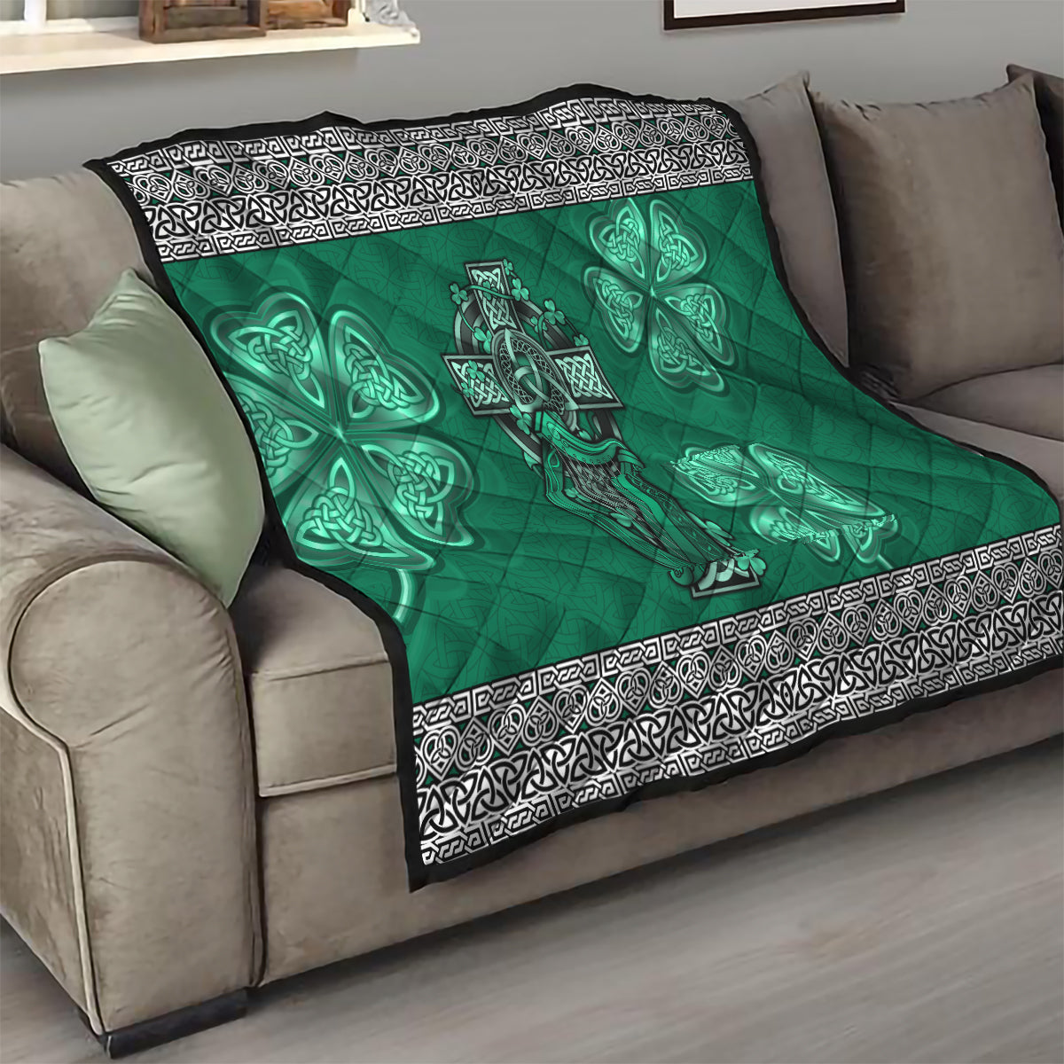 Irish Celtic Cross and Harp with Ireland Shamrock Personalized Quilt - Wonder Print Shop