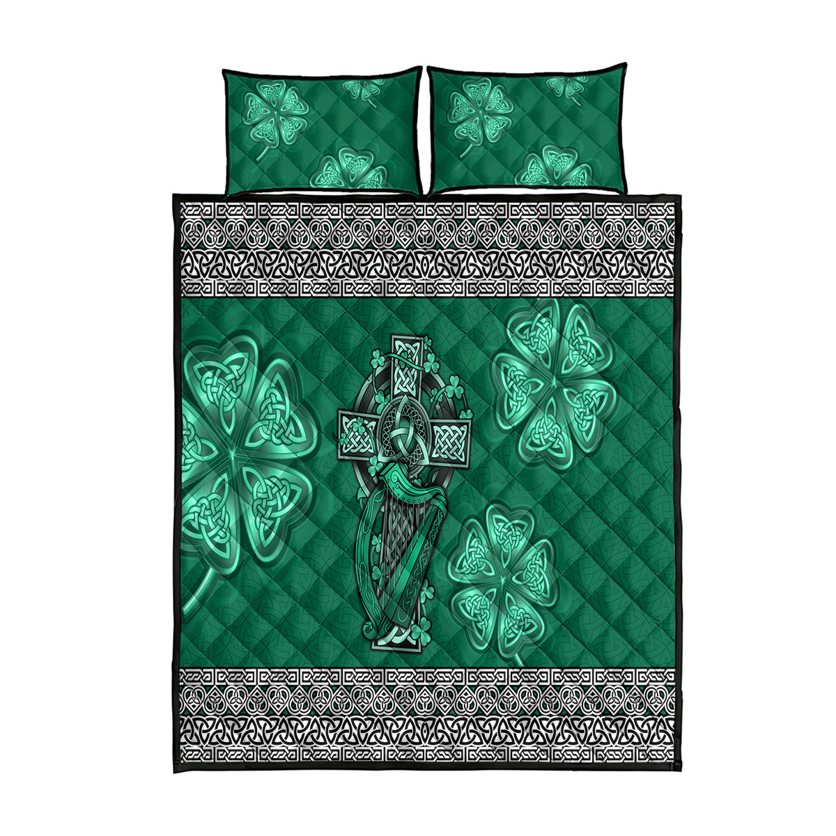 Irish Celtic Cross and Harp with Ireland Shamrock Personalized Quilt Bed Set - Wonder Print Shop
