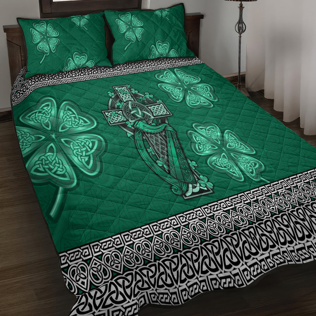 Irish Celtic Cross and Harp with Ireland Shamrock Personalized Quilt Bed Set - Wonder Print Shop