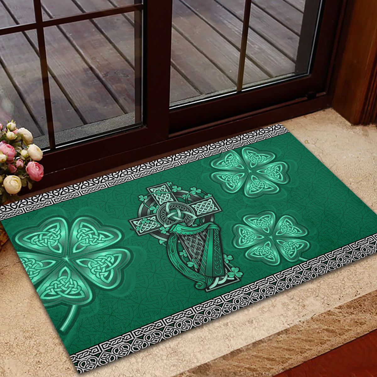 Irish Celtic Cross and Harp with Ireland Shamrock Personalized Rubber Doormat - Wonder Print Shop
