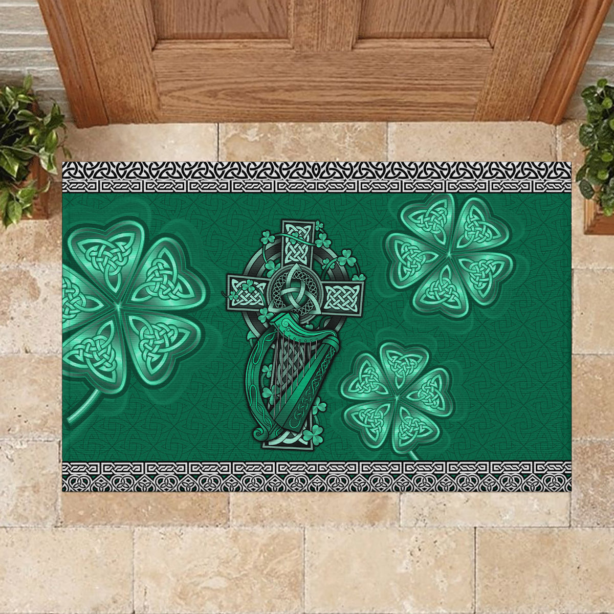 Irish Celtic Cross and Harp with Ireland Shamrock Personalized Rubber Doormat - Wonder Print Shop