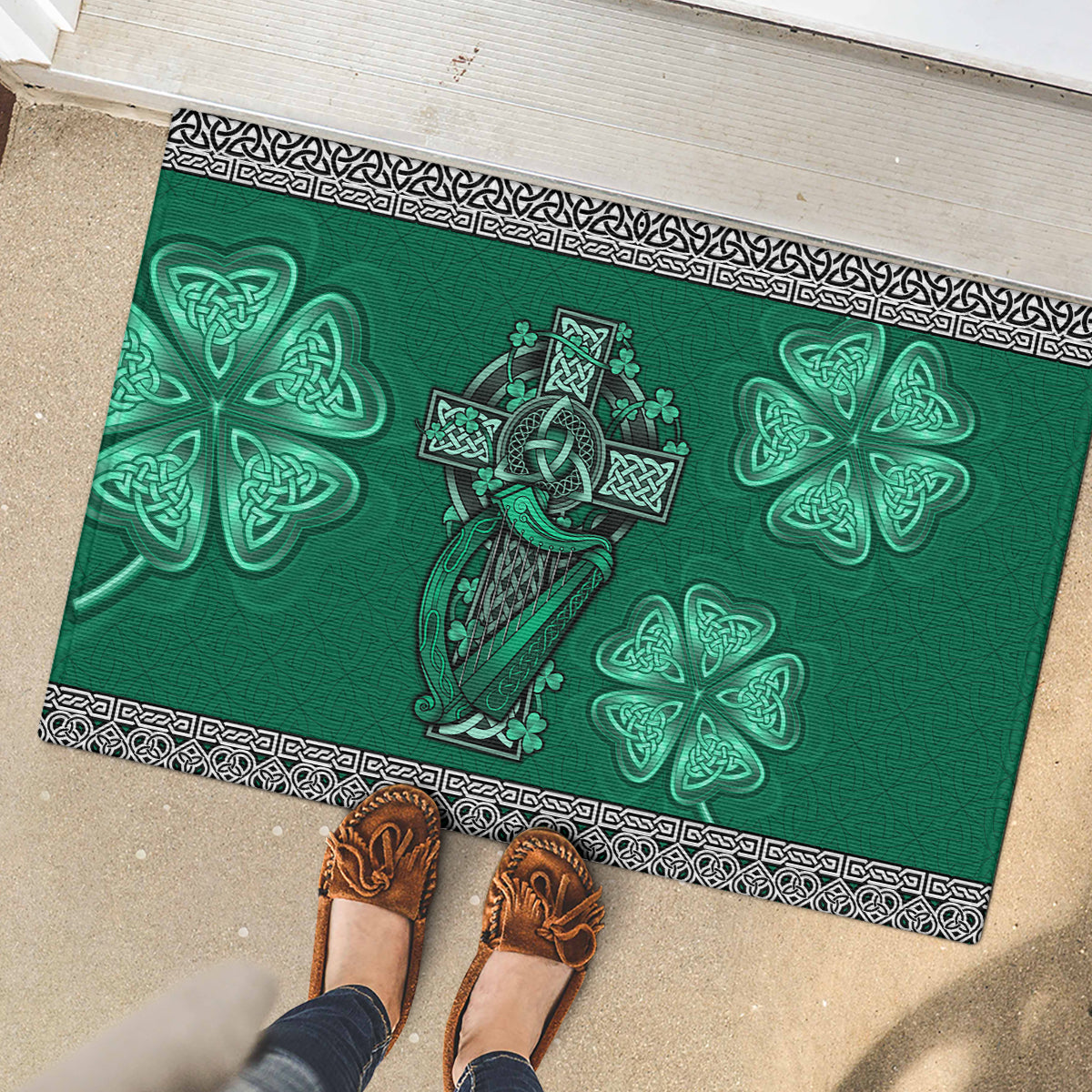 Irish Celtic Cross and Harp with Ireland Shamrock Personalized Rubber Doormat - Wonder Print Shop