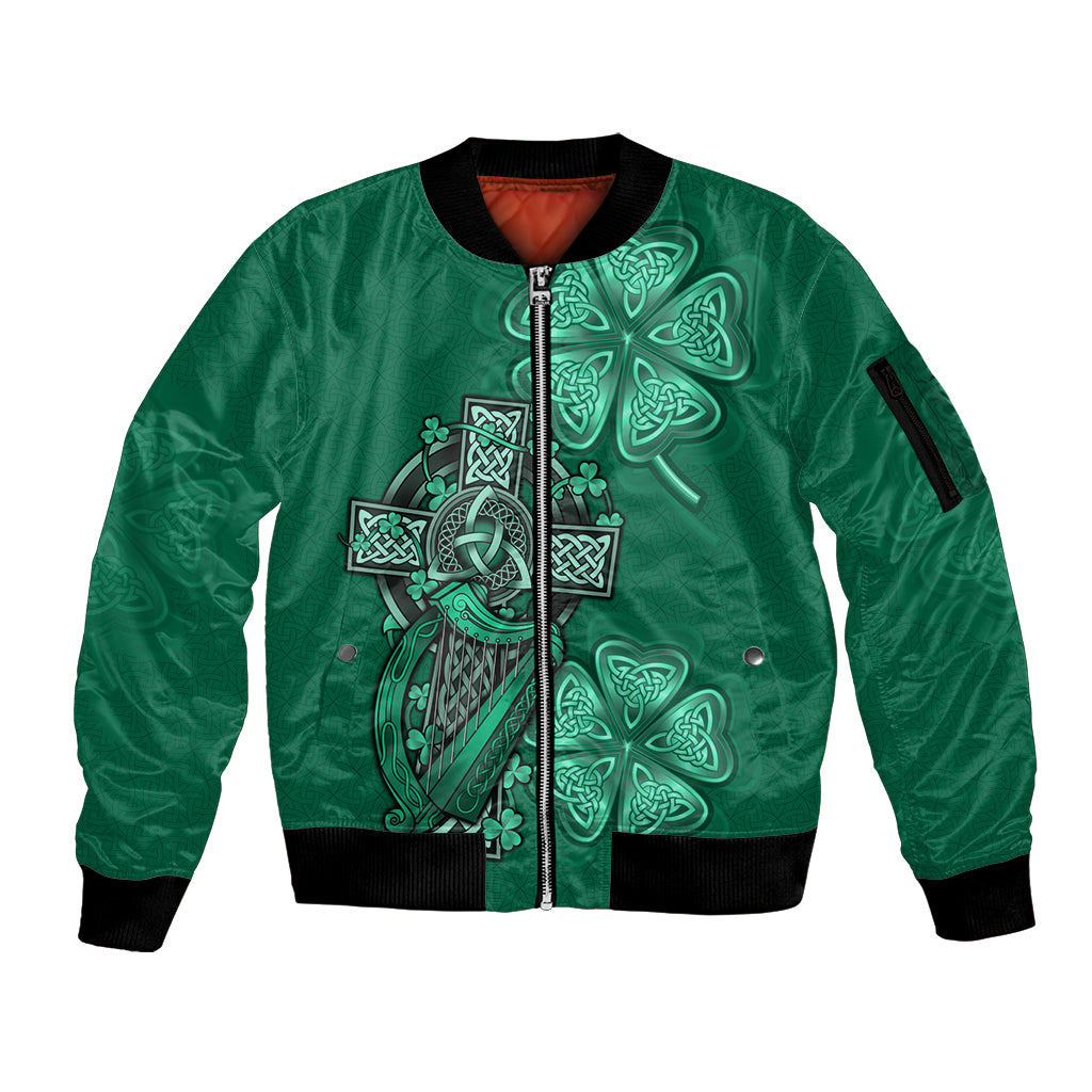 Irish Celtic Cross and Harp with Ireland Shamrock Personalized Sleeve Zip Bomber Jacket - Wonder Print Shop