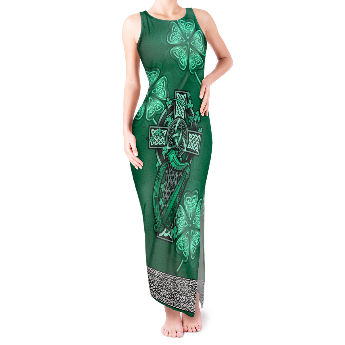 Irish Celtic Cross and Harp with Ireland Shamrock Personalized Tank Maxi Dress - Wonder Print Shop