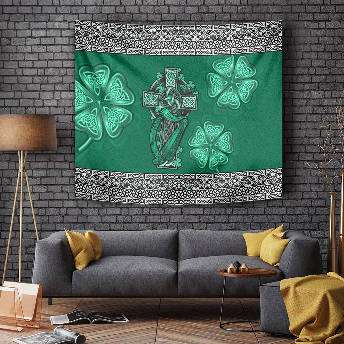 Irish Celtic Cross and Harp with Ireland Shamrock Personalized Tapestry - Wonder Print Shop