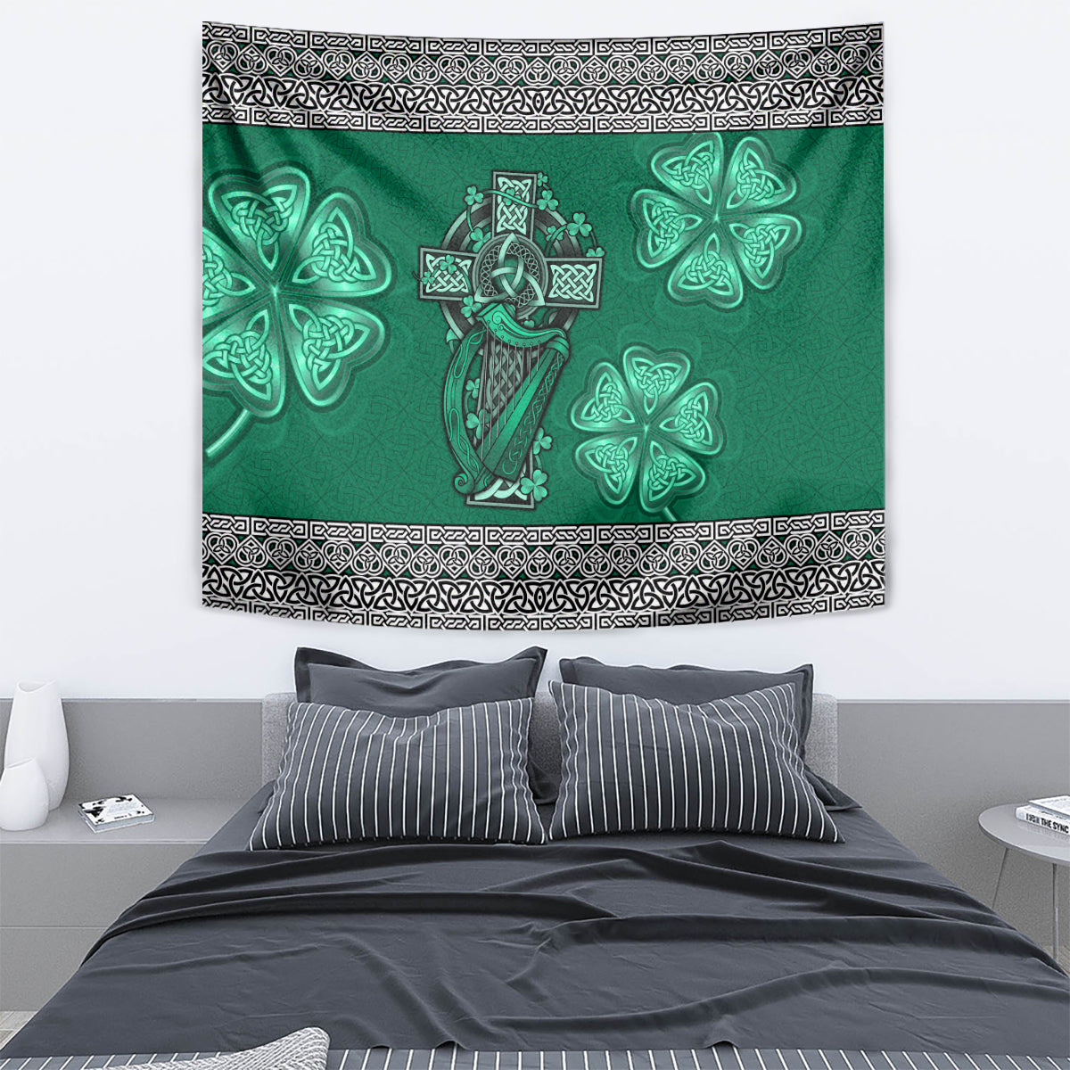 Irish Celtic Cross and Harp with Ireland Shamrock Personalized Tapestry - Wonder Print Shop
