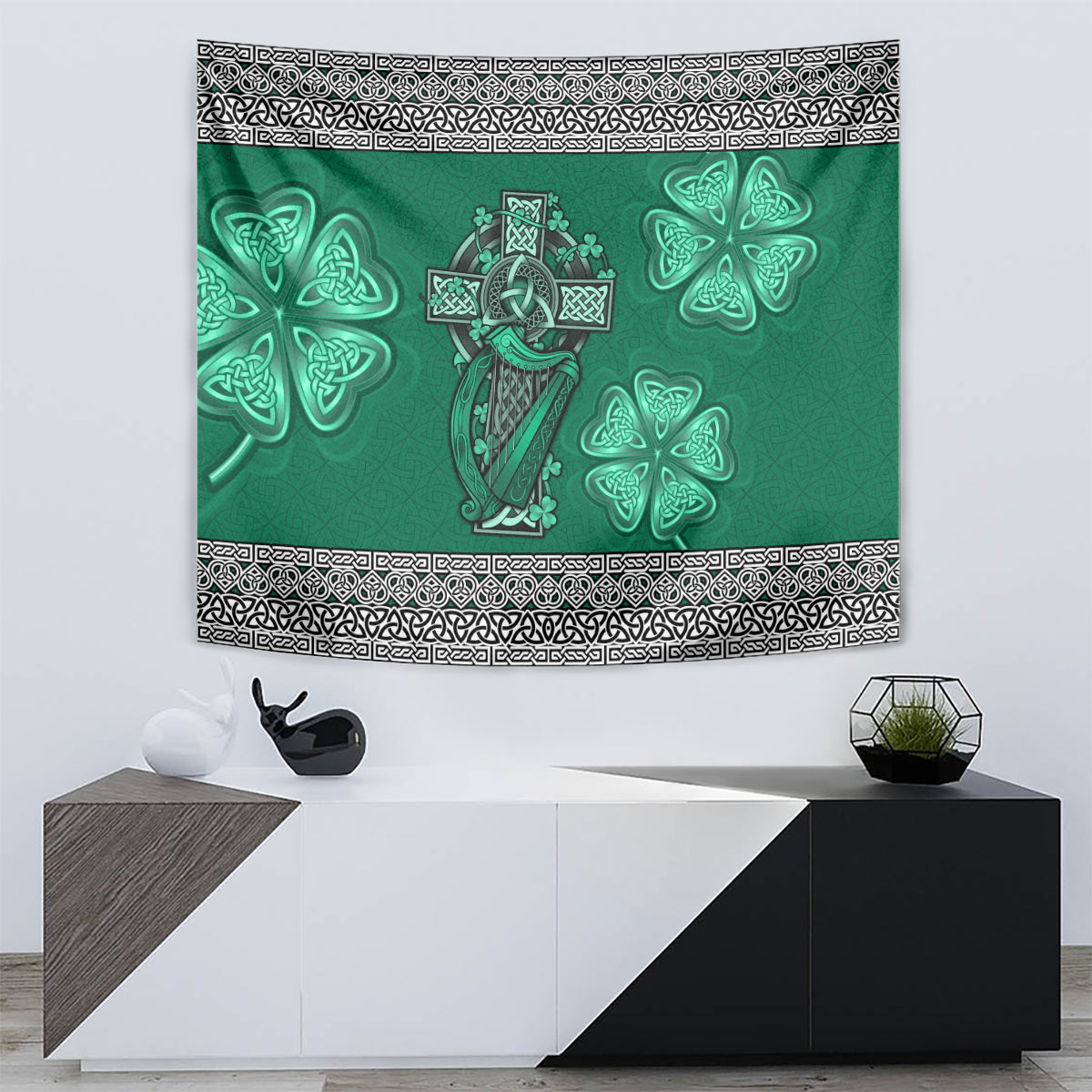Irish Celtic Cross and Harp with Ireland Shamrock Personalized Tapestry - Wonder Print Shop
