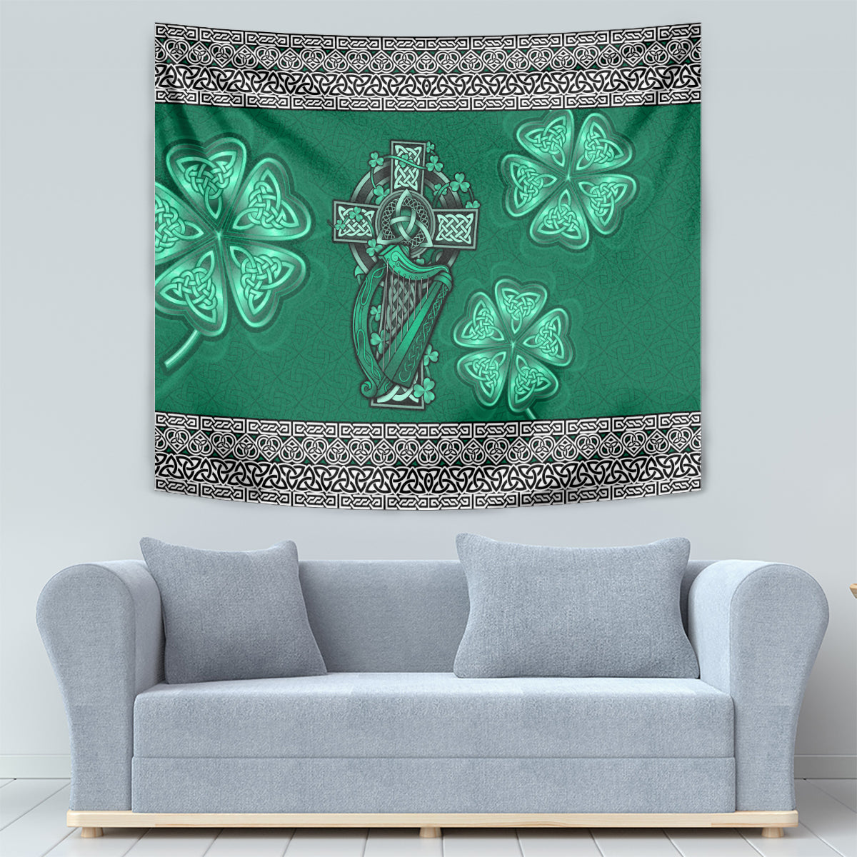 Irish Celtic Cross and Harp with Ireland Shamrock Personalized Tapestry - Wonder Print Shop