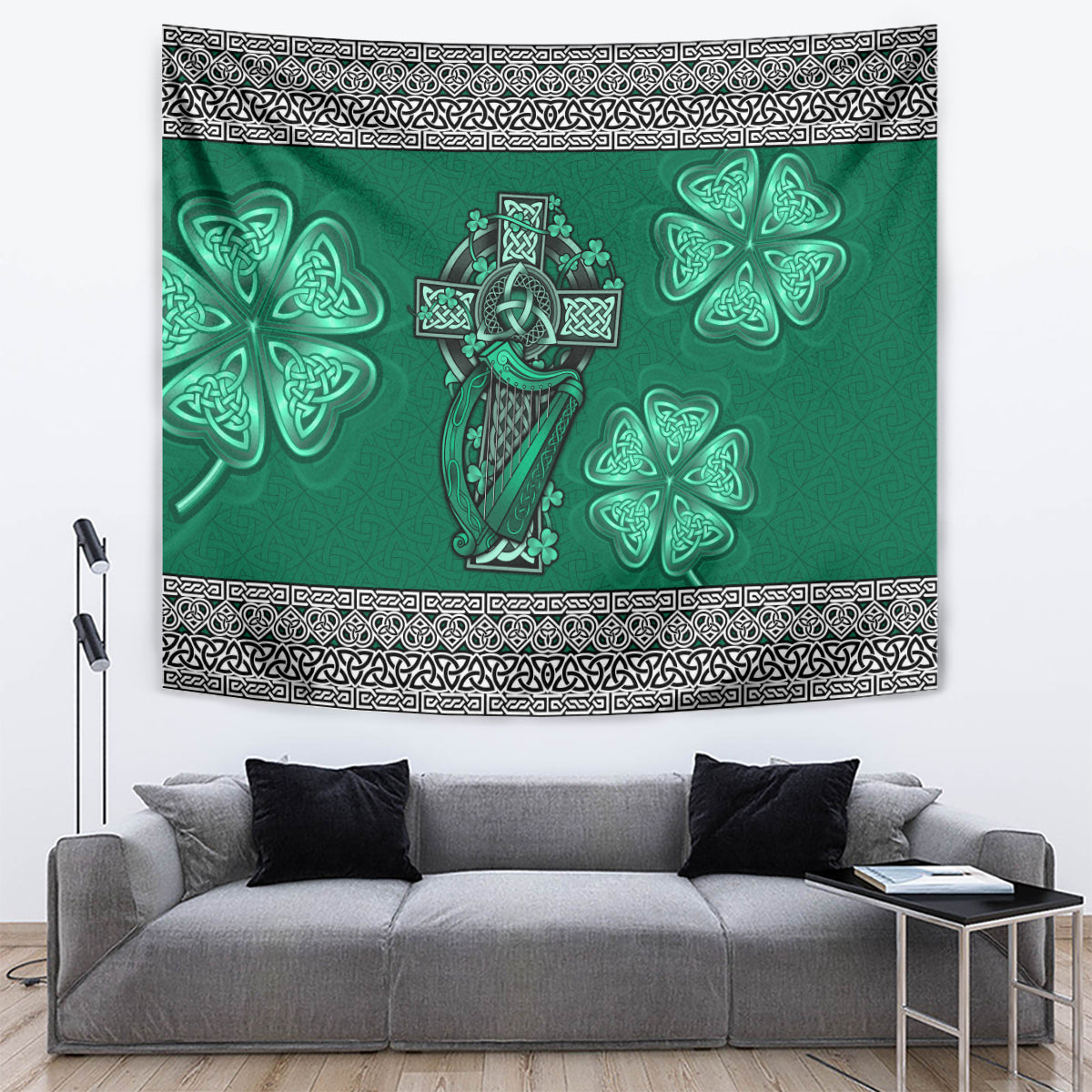 Irish Celtic Cross and Harp with Ireland Shamrock Personalized Tapestry - Wonder Print Shop