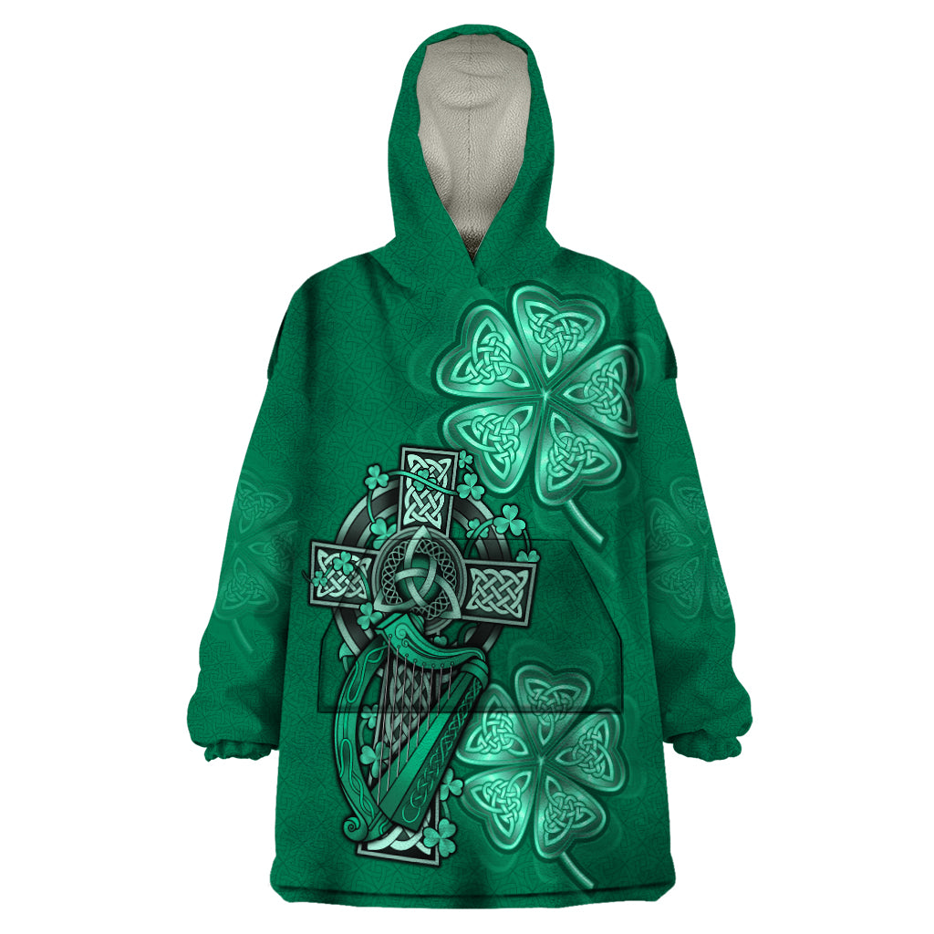 Irish Celtic Cross and Harp with Ireland Shamrock Personalized Wearable Blanket Hoodie - Wonder Print Shop