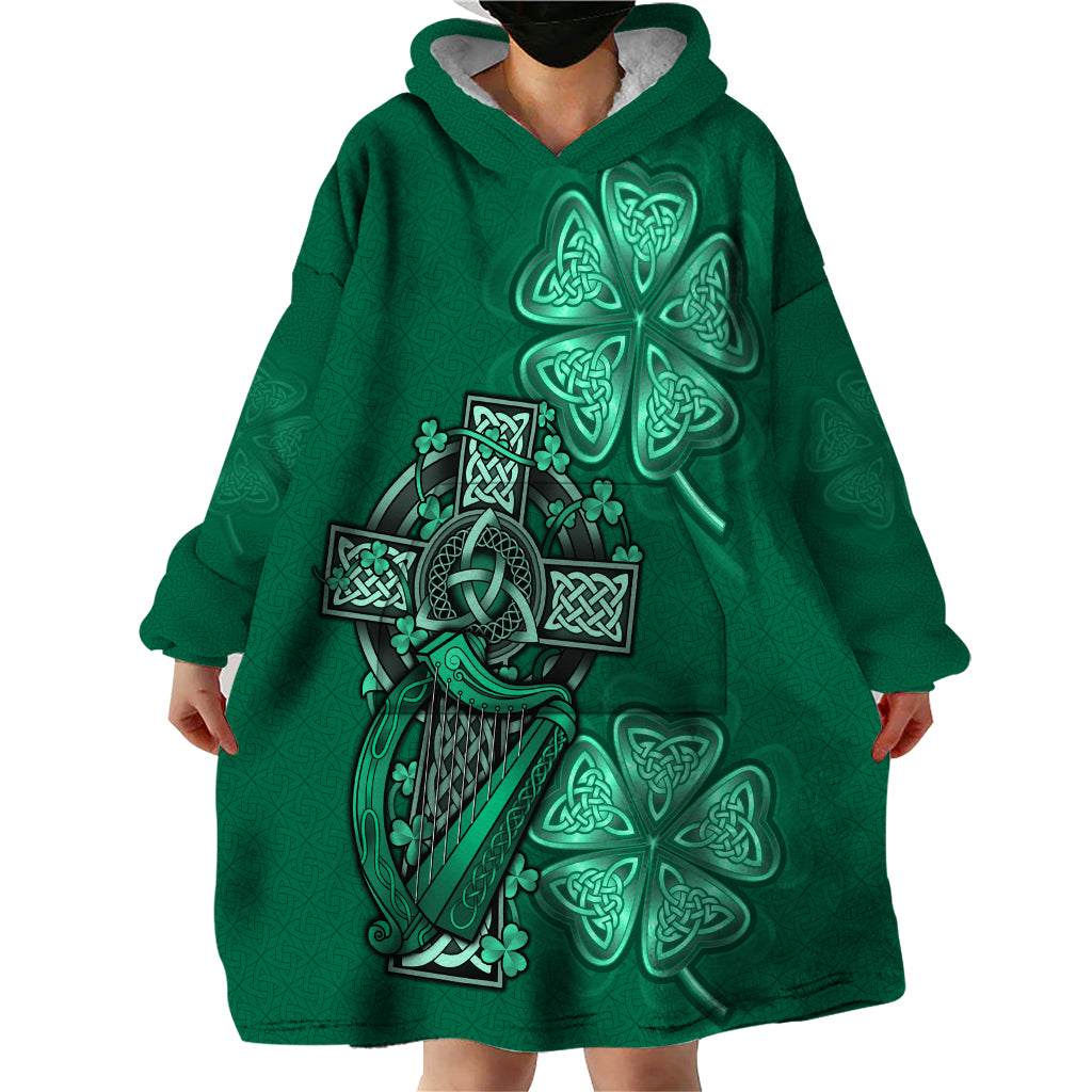 Irish Celtic Cross and Harp with Ireland Shamrock Personalized Wearable Blanket Hoodie - Wonder Print Shop