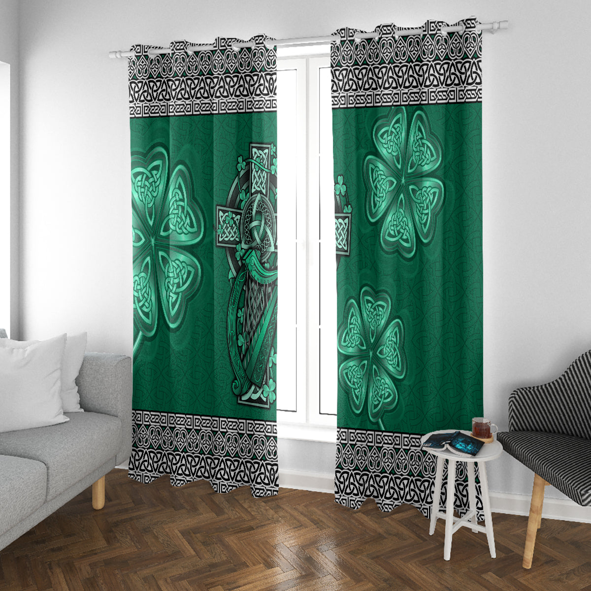 Irish Celtic Cross and Harp with Ireland Shamrock Personalized Window Curtain - Wonder Print Shop