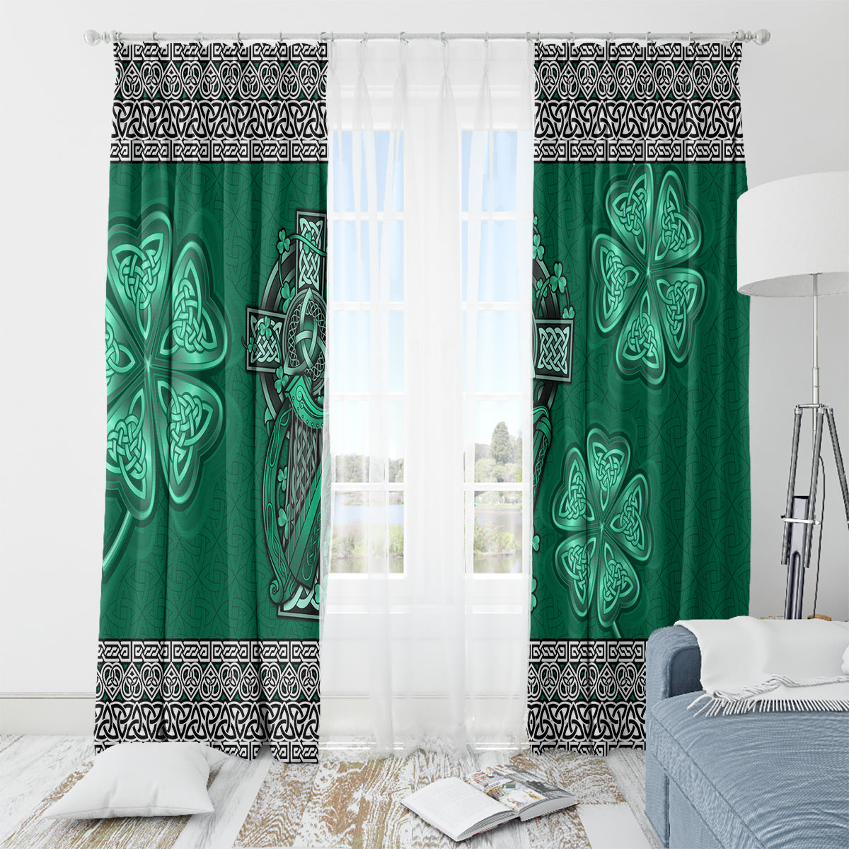 Irish Celtic Cross and Harp with Ireland Shamrock Personalized Window Curtain - Wonder Print Shop
