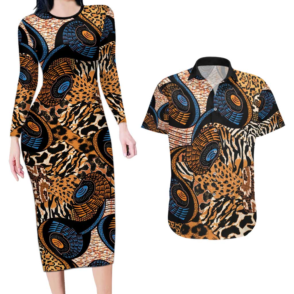 African Ankara Motifs Mixed Animal Skins Couples Matching Long Sleeve Bodycon Dress and Hawaiian Shirt