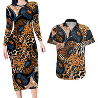 African Ankara Motifs Mixed Animal Skins Couples Matching Long Sleeve Bodycon Dress and Hawaiian Shirt