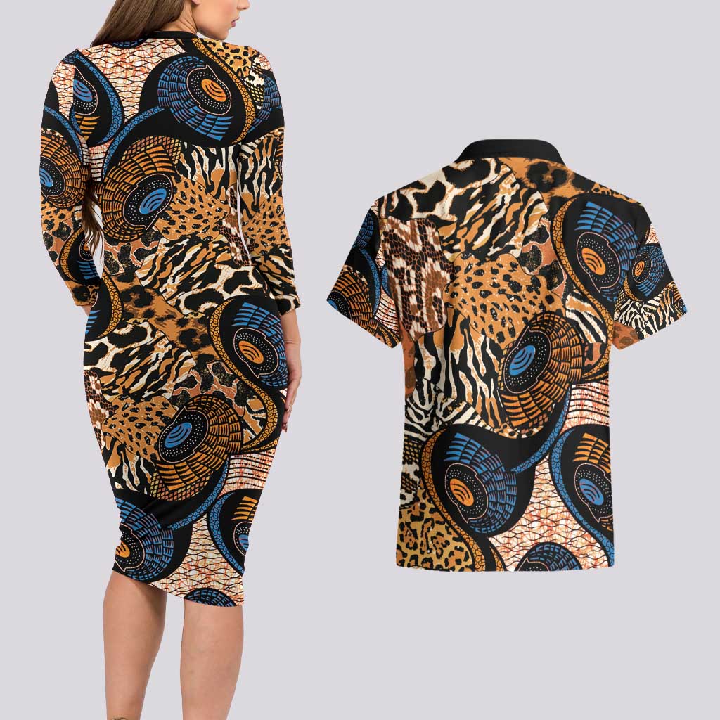 African Ankara Motifs Mixed Animal Skins Couples Matching Long Sleeve Bodycon Dress and Hawaiian Shirt
