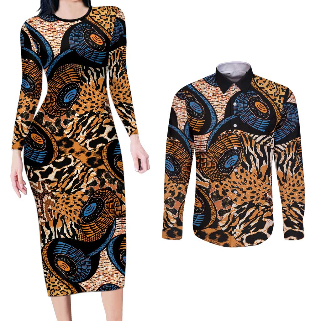 African Ankara Motifs Mixed Animal Skins Couples Matching Long Sleeve Bodycon Dress and Long Sleeve Button Shirt