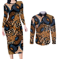 African Ankara Motifs Mixed Animal Skins Couples Matching Long Sleeve Bodycon Dress and Long Sleeve Button Shirt