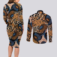 African Ankara Motifs Mixed Animal Skins Couples Matching Long Sleeve Bodycon Dress and Long Sleeve Button Shirt