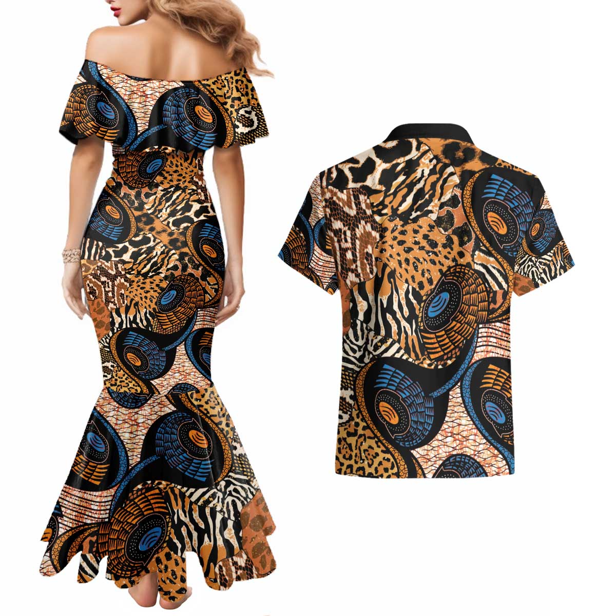 African Ankara Motifs Mixed Animal Skins Couples Matching Mermaid Dress and Hawaiian Shirt