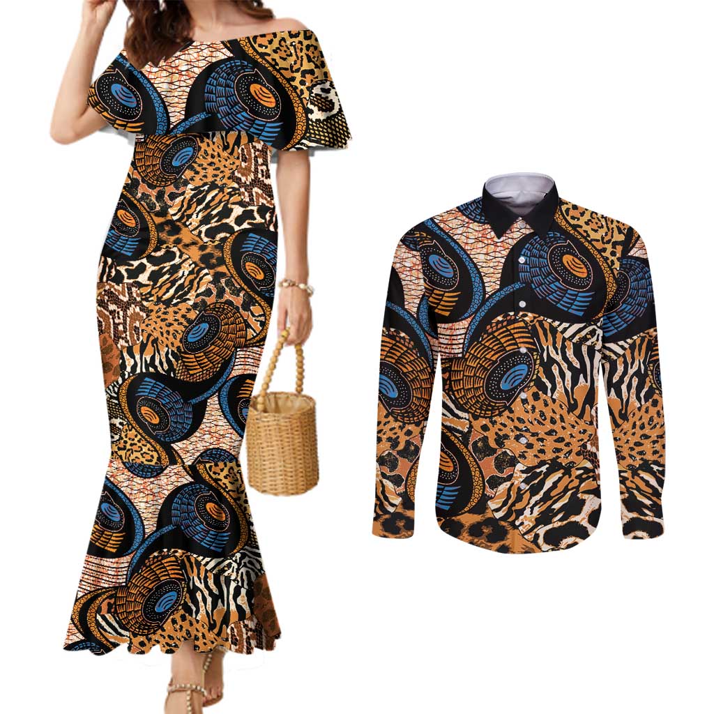 African Ankara Motifs Mixed Animal Skins Couples Matching Mermaid Dress and Long Sleeve Button Shirt
