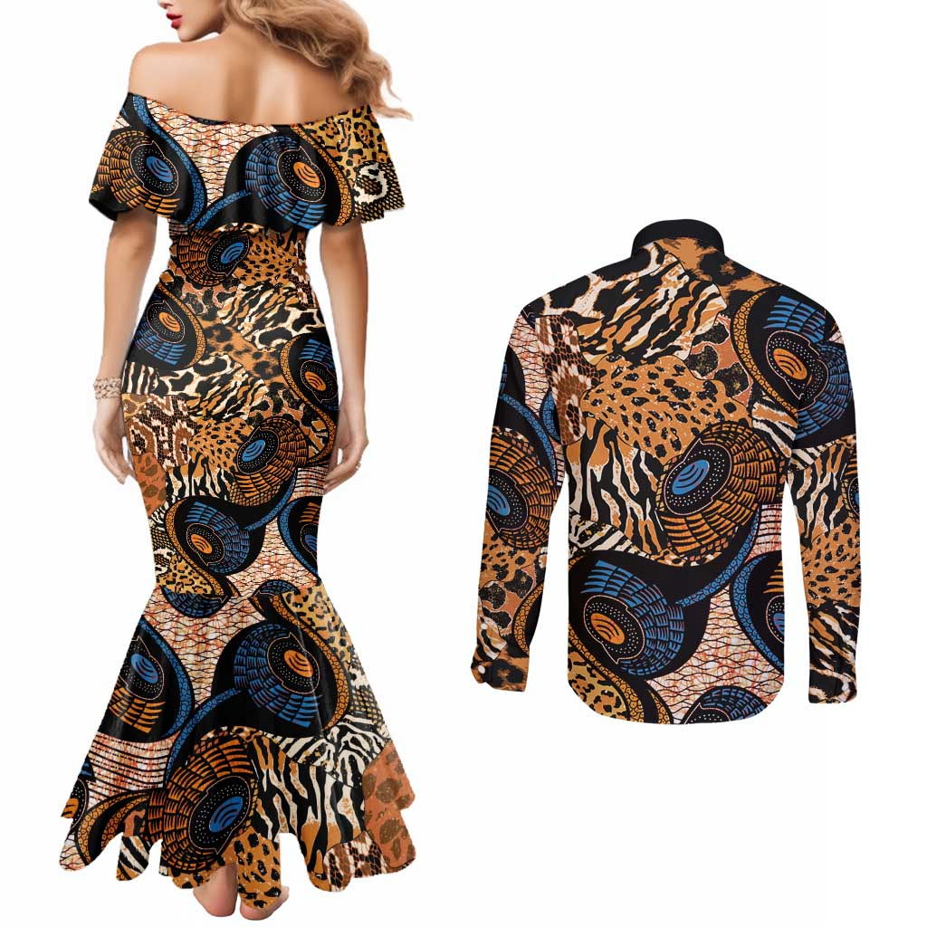 African Ankara Motifs Mixed Animal Skins Couples Matching Mermaid Dress and Long Sleeve Button Shirt