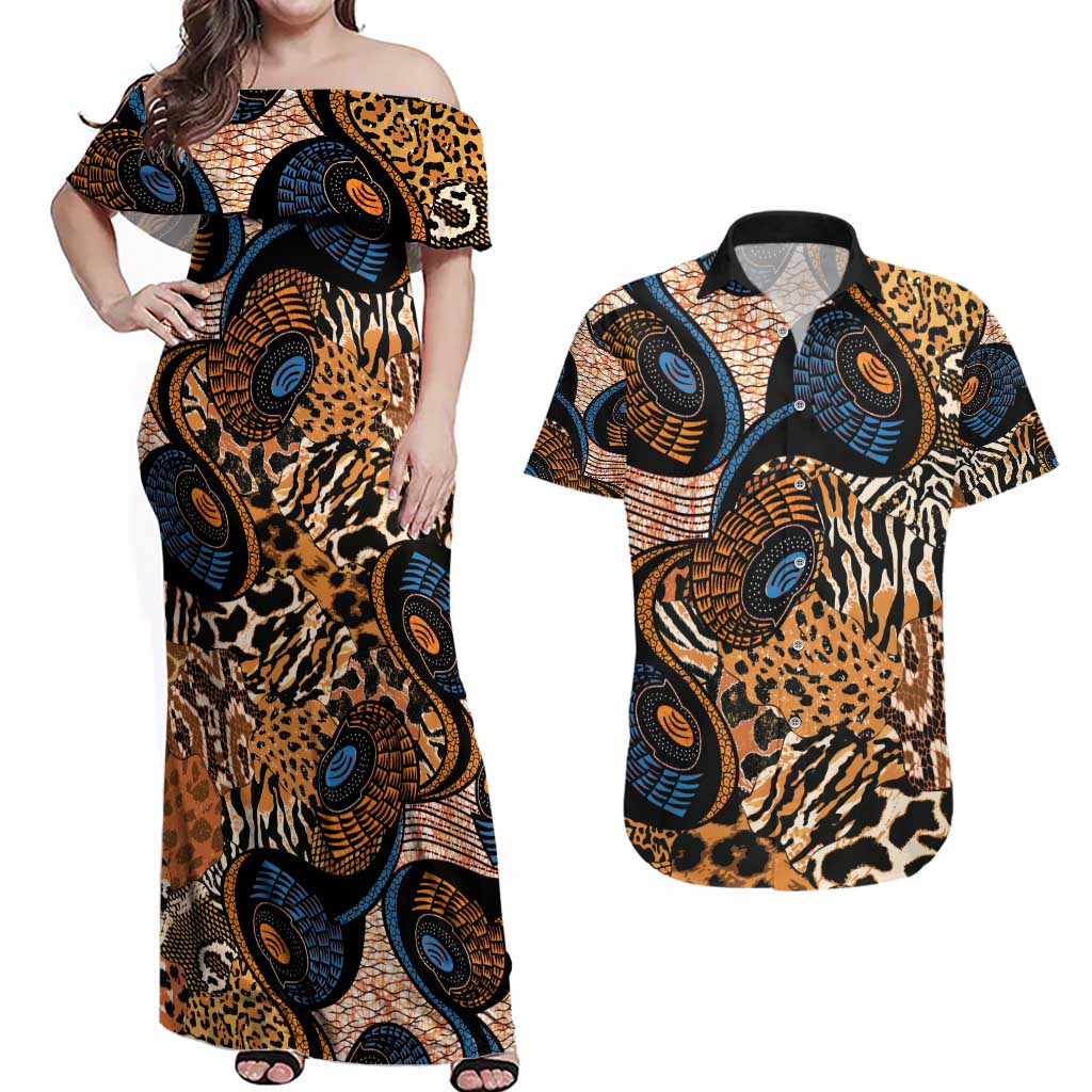 African Ankara Motifs Mixed Animal Skins Couples Matching Off Shoulder Maxi Dress and Hawaiian Shirt