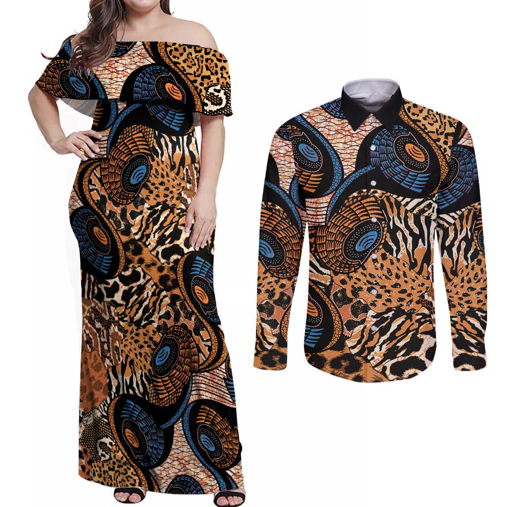 African Ankara Motifs Mixed Animal Skins Couples Matching Off Shoulder Maxi Dress and Long Sleeve Button Shirt