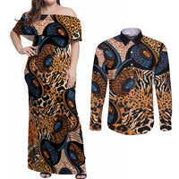 African Ankara Motifs Mixed Animal Skins Couples Matching Off Shoulder Maxi Dress and Long Sleeve Button Shirt