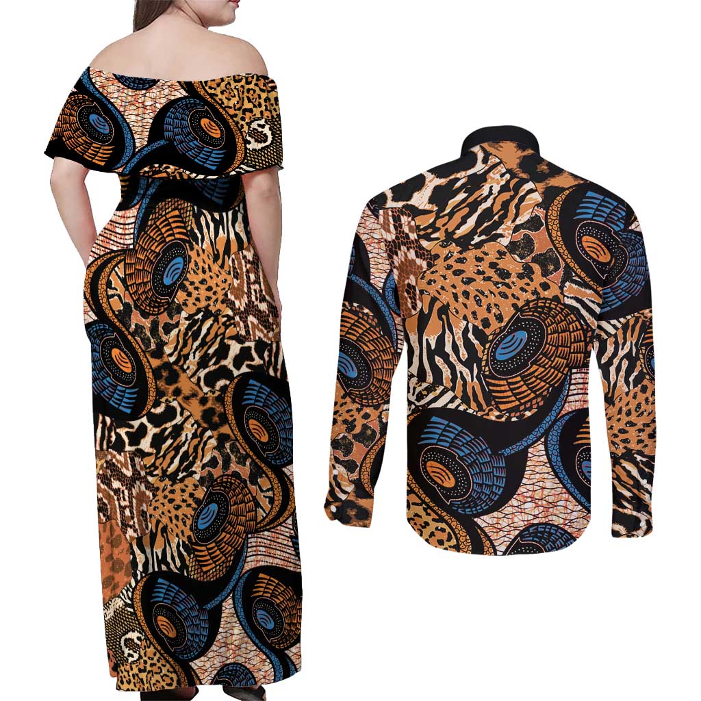 African Ankara Motifs Mixed Animal Skins Couples Matching Off Shoulder Maxi Dress and Long Sleeve Button Shirt