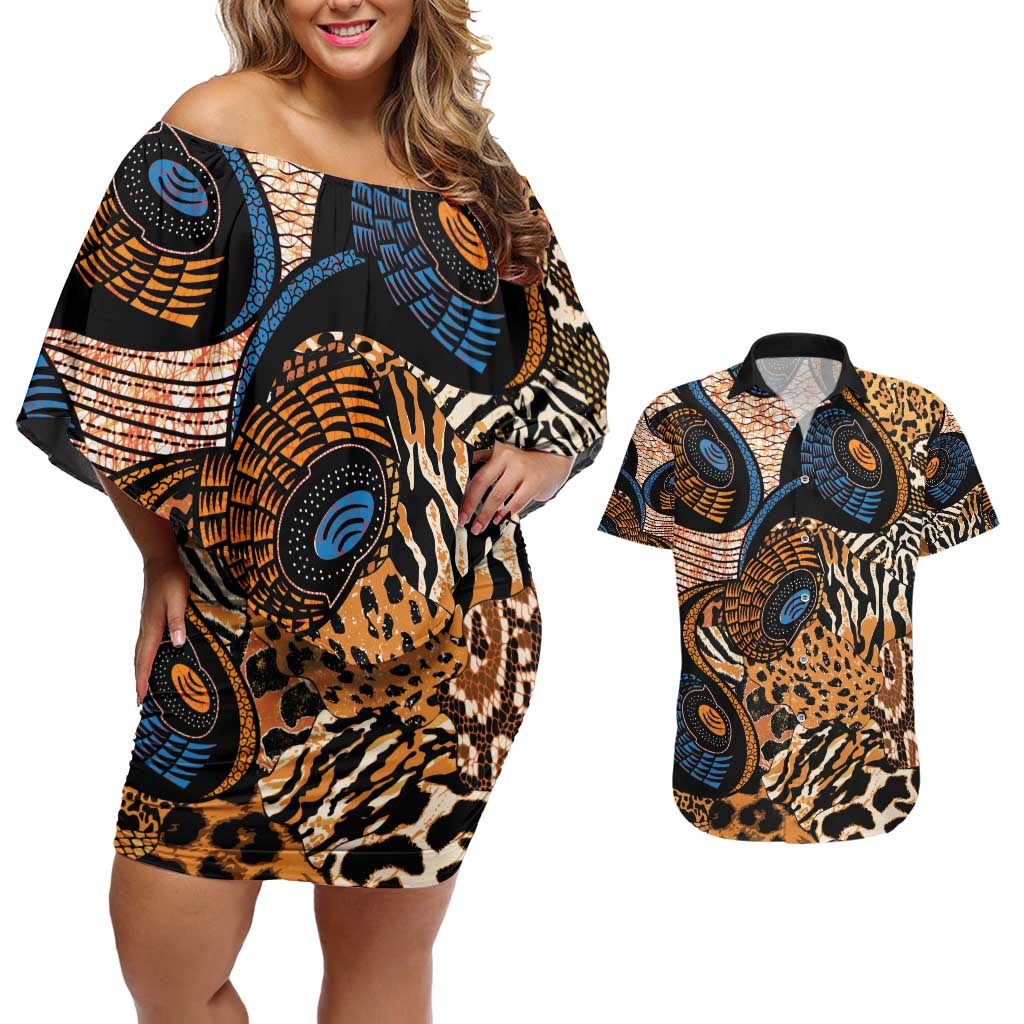 African Ankara Motifs Mixed Animal Skins Couples Matching Off Shoulder Short Dress and Hawaiian Shirt