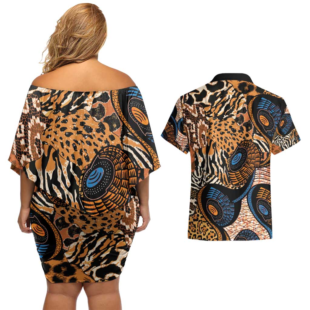 African Ankara Motifs Mixed Animal Skins Couples Matching Off Shoulder Short Dress and Hawaiian Shirt