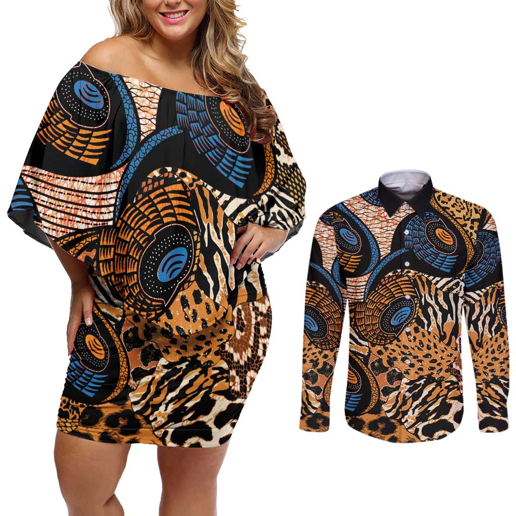 African Ankara Motifs Mixed Animal Skins Couples Matching Off Shoulder Short Dress and Long Sleeve Button Shirt