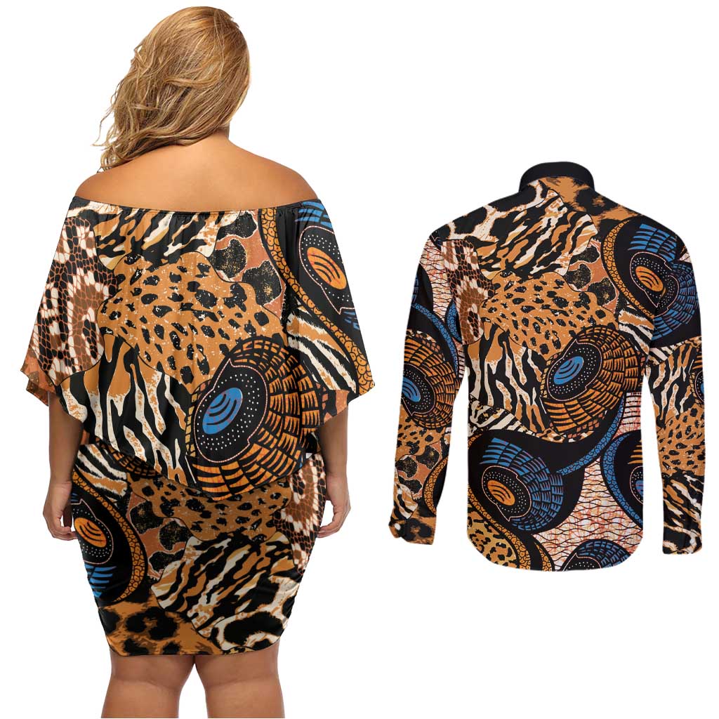African Ankara Motifs Mixed Animal Skins Couples Matching Off Shoulder Short Dress and Long Sleeve Button Shirt