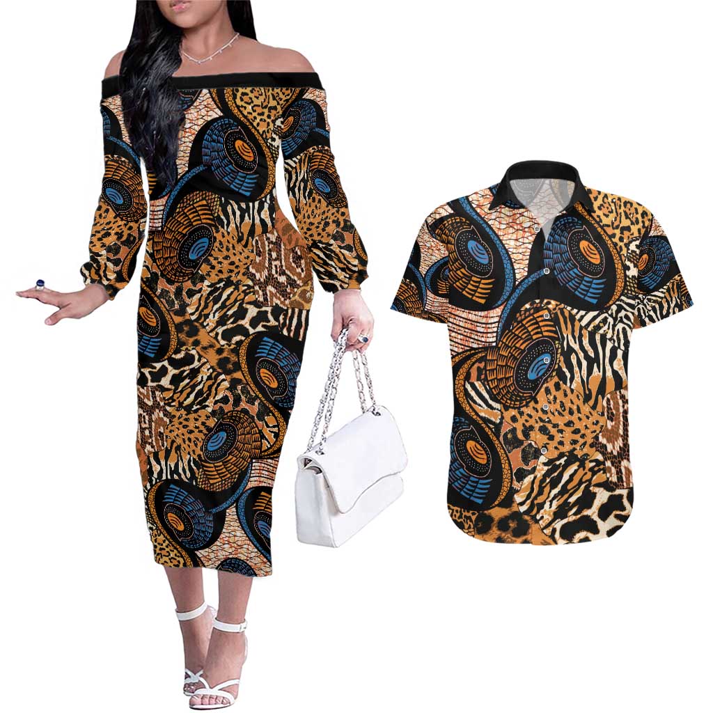 African Ankara Motifs Mixed Animal Skins Couples Matching Off The Shoulder Long Sleeve Dress and Hawaiian Shirt