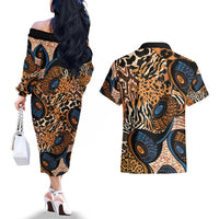 African Ankara Motifs Mixed Animal Skins Couples Matching Off The Shoulder Long Sleeve Dress and Hawaiian Shirt