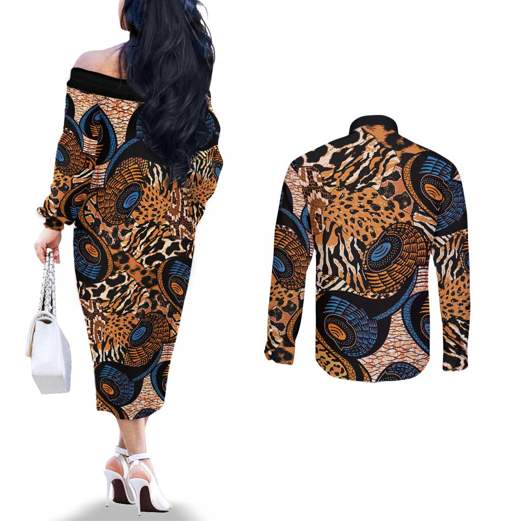 African Ankara Motifs Mixed Animal Skins Couples Matching Off The Shoulder Long Sleeve Dress and Long Sleeve Button Shirt