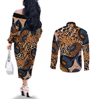 African Ankara Motifs Mixed Animal Skins Couples Matching Off The Shoulder Long Sleeve Dress and Long Sleeve Button Shirt