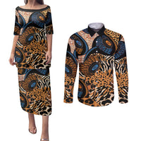 African Ankara Motifs Mixed Animal Skins Couples Matching Puletasi and Long Sleeve Button Shirt